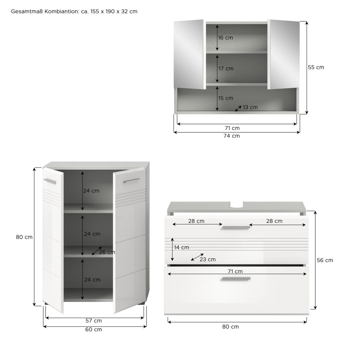 BADMÖBEL-SET 3-teilig weiß Hochglanz, grau 155 cm, Komplettset mit Soft-Close - Weiß Hochglanz/Grau, Glas/Holzwerkstoff (155/190/32cm) - Inn.Furn