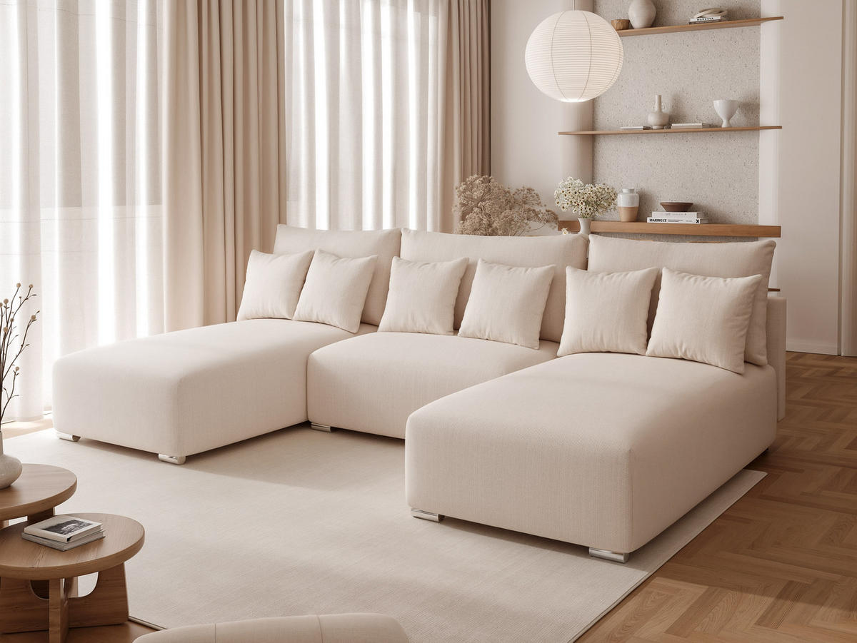 WOHNLANDSCHAFT ELVO mit Schlaffunktion und Bettkasten Creme - Creme, Holzwerkstoff/Kunststoff (300/91/190cm) - Idohome