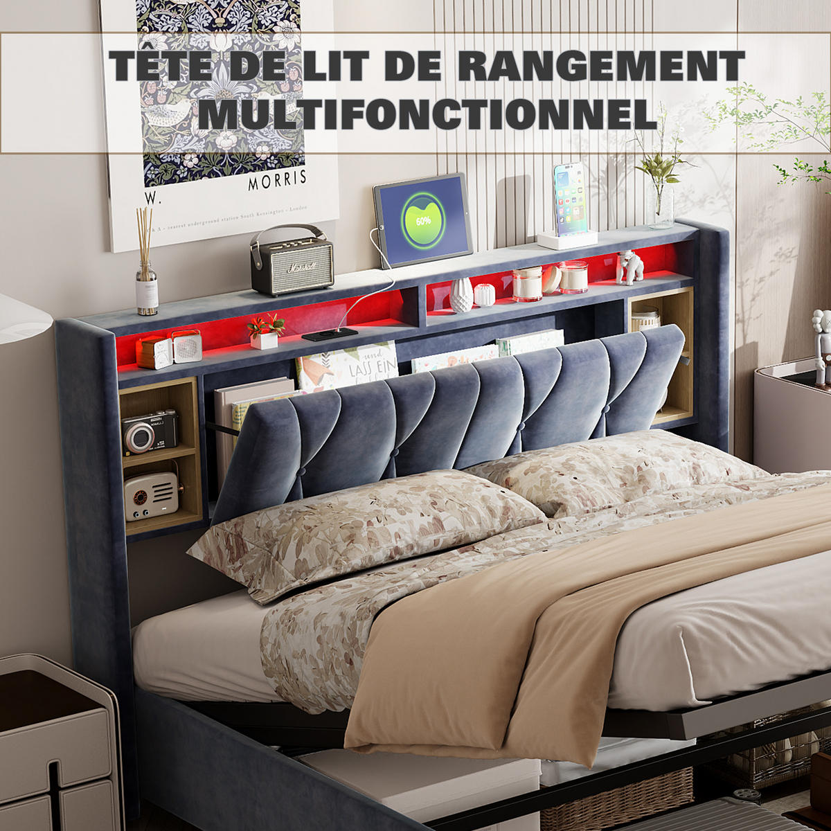 POLSTERBETT 140x200 cm, Grau, mit USB & Type-C, Lattenrost, Stauraumbett mit LED, Samt, Doppelbett - Grau, Textil/Metall (140/200cm)