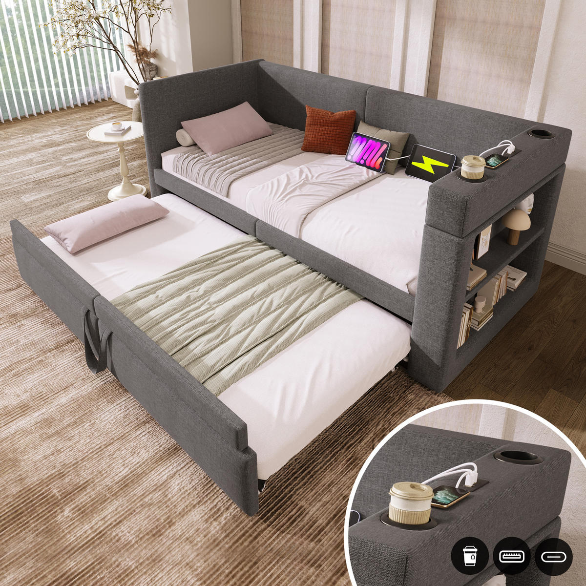 AUSZIEHBETT 90/200 cm DE-00698, in Grau, USB-C und Getränkehaltern - Grau, Metall (90/200cm) - ComfortXL