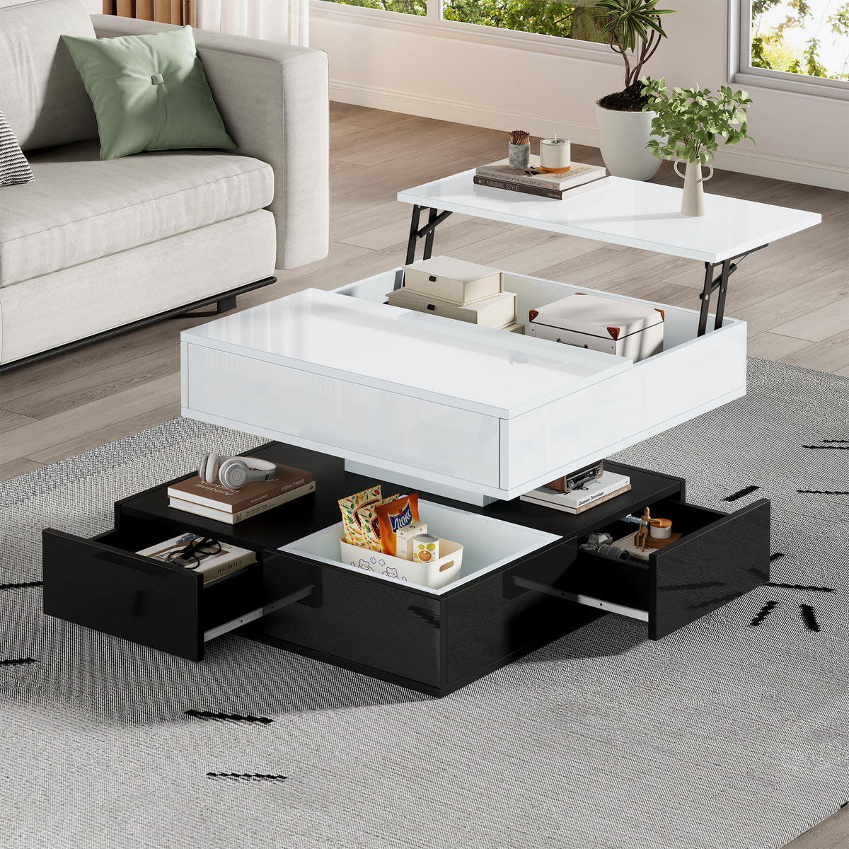 COUCHTISCH 70x70x40 cm Weiß Schwarz Drehbar 3 Schubladen Lift - Multicolor, Holzwerkstoff (70/70/40cm)