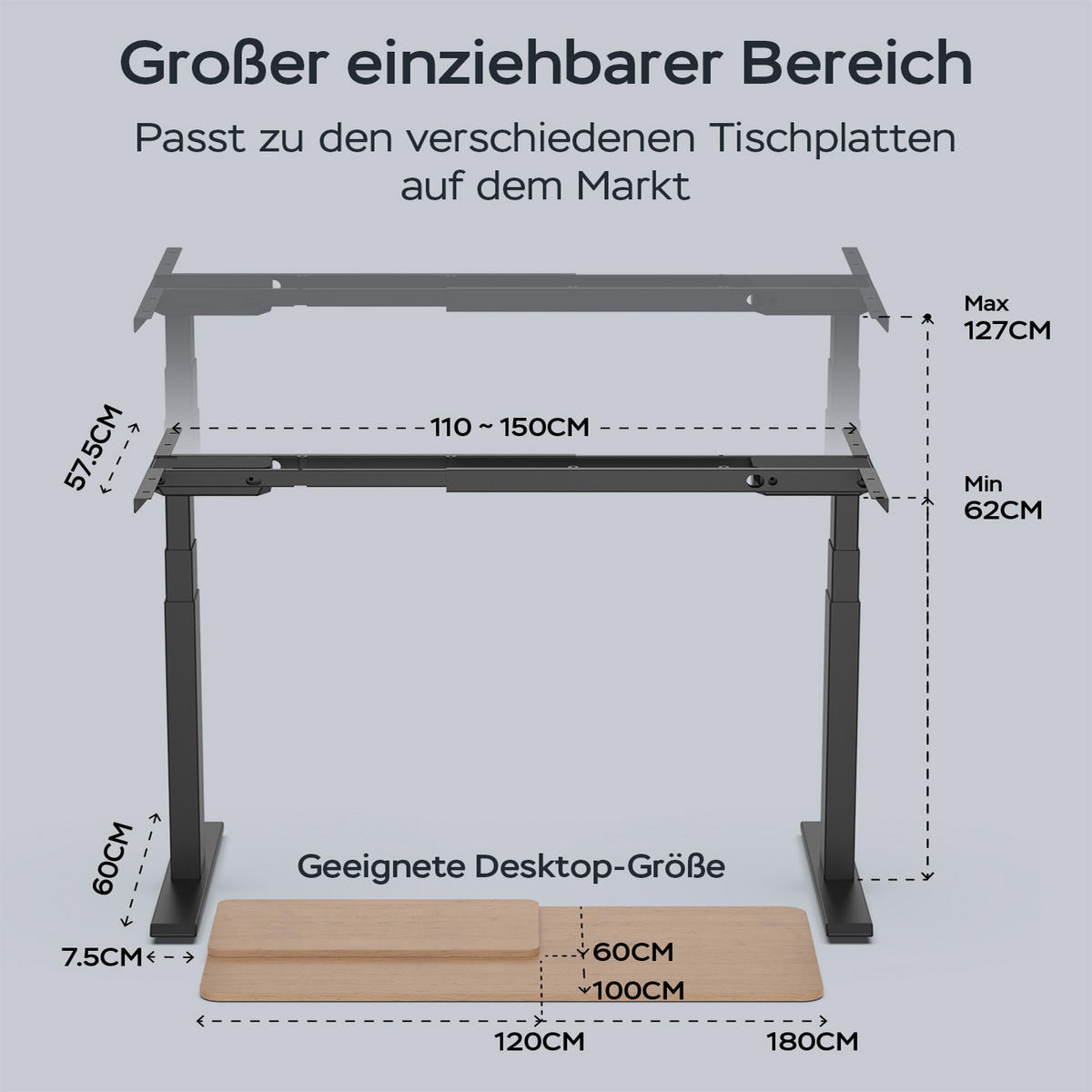 SCHREIBTISCH-GESTELL DE-37154 elektrisch höhenverstellbar mit Dual-Motor und LED Schwarz - Schwarz, Metall (150/57.5/127cm) - ComfortXL