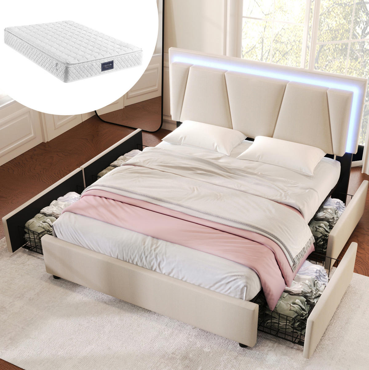 BETT mit LED und 4 Schubladen 160x200 cm Beige inklusive Matratze - Beige, Holz (160/200cm) - Meubliv