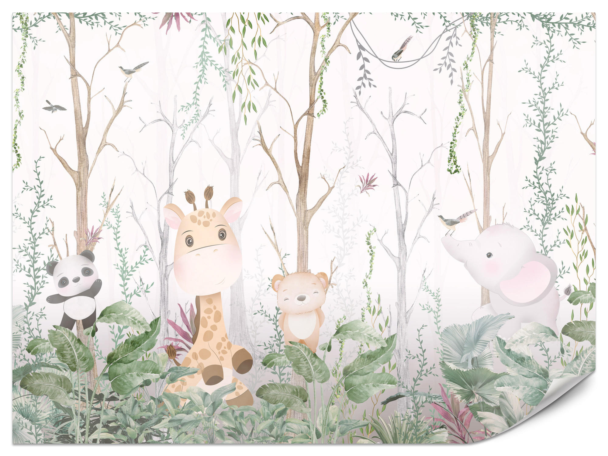 FOTOTAPETE für Kinderzimmer Märchenhafte Tiere Wald Bäume Pflanzen 350x256 - Beige/Rosa, Papier (350/256cm) - Muralo