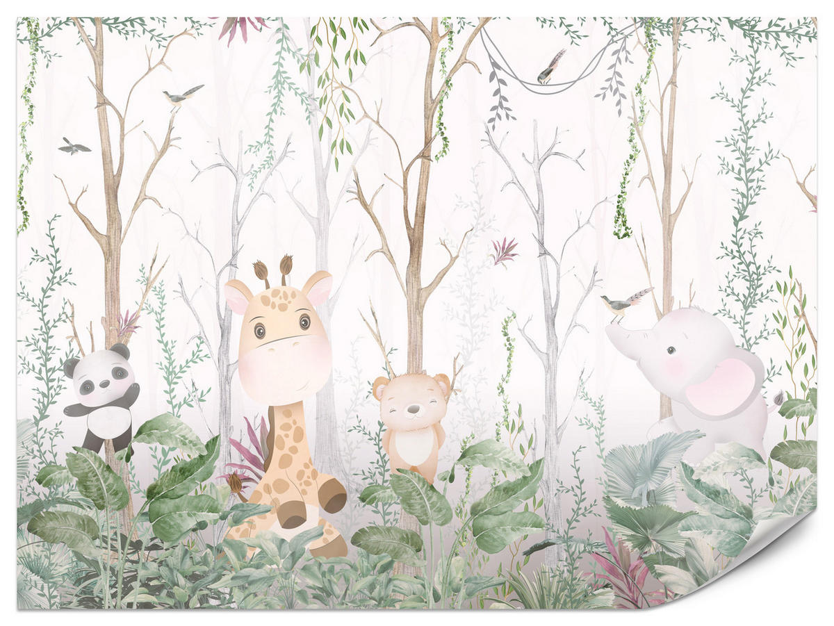 FOTOTAPETE für Kinderzimmer Märchenhafte Tiere Wald Bäume Pflanzen 500x350 - Beige/Rosa, Papier (500/350cm) - Muralo