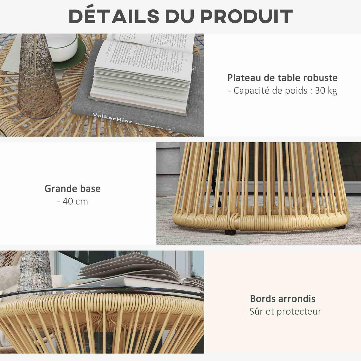GARTENBEISTELLTISCH DE-13606 rund mit Glasplatte, PE-Rattanoptik Beige - Beige, Kunststoff/Metall (40/40/42cm) - ComfortXL