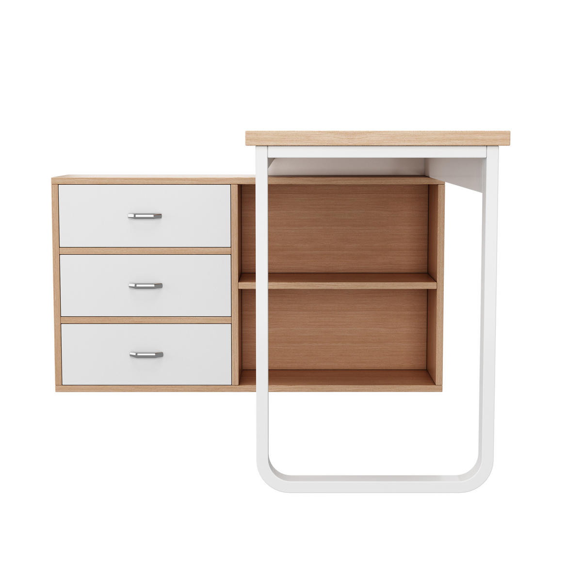 BÜROSCHREIBTISCH in natur & weiß mit stahlgestell, 3 schubladen & 2 offenen fächern - Naturfarben, Holzwerkstoff (100/147/75.3cm) - Urban Meuble