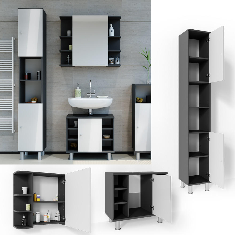 BADMÖBEL-SET Fynn Anthrazit 3 Teile, mit Hochschrank - Weiß Hochglanz/Anthrazit, Holzwerkstoff (60/54/32cm) - Vicco