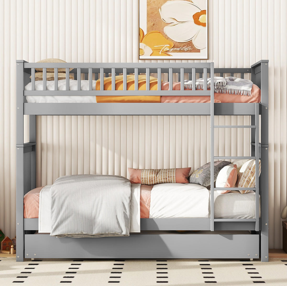 ETAGENBETT 90/200 cm mit Ausziehbett, abnehmbaren Liegeflächen und Treppe, Grau - Grau, Holzwerkstoff (90/200cm) - Redom