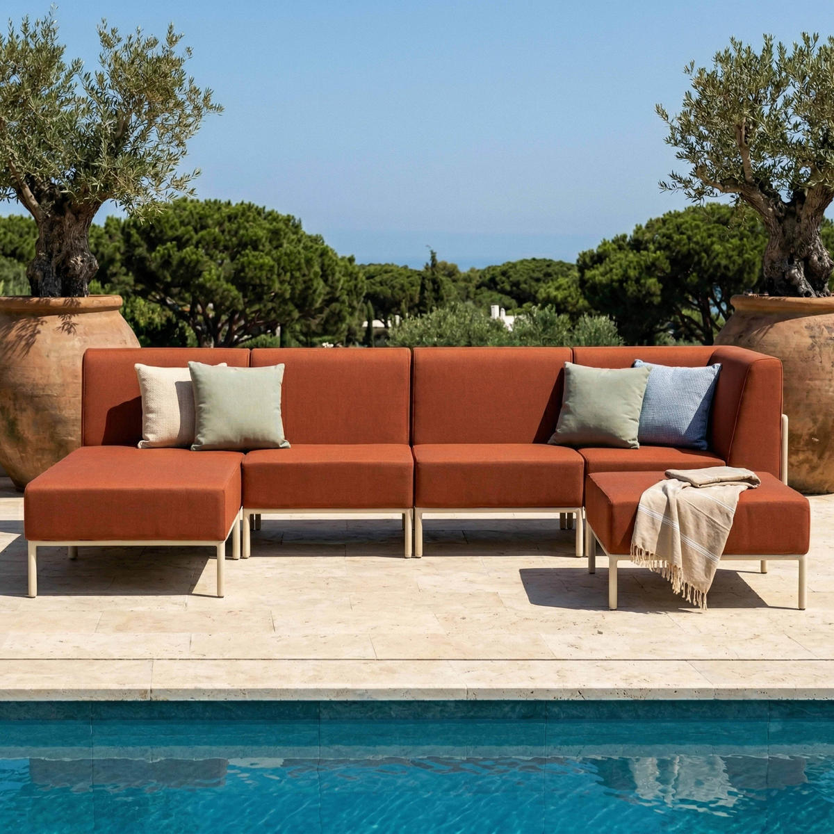 GARTENSOFA mit 5 Sitzplätzen, Terrakotta - Rot, Textil (153/78/360cm) - Oviala