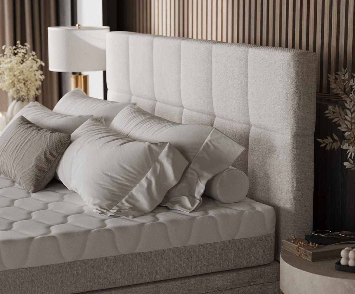 BOXBETT Elano 140/200 cm Hellbeige im Neve Stoff - Sandfarben/Schwarz, Holz/Holzwerkstoff (140/200cm) - AltaBeds