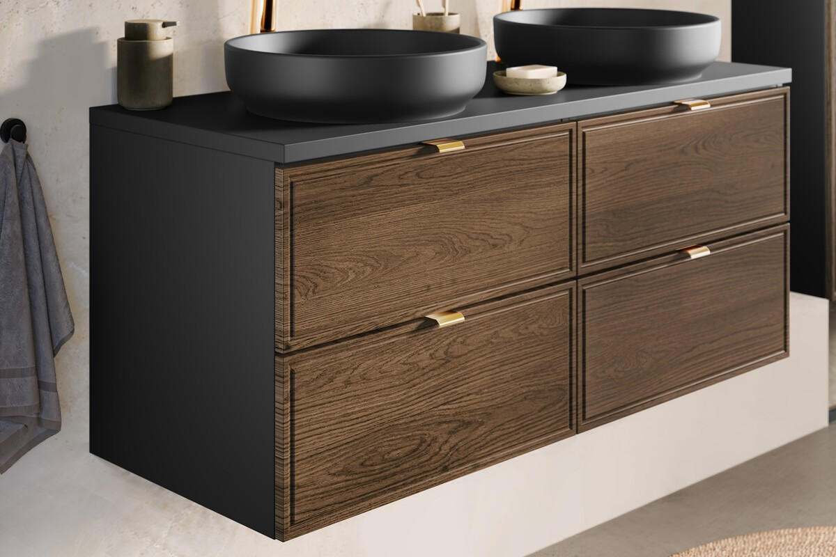 BADMÖBEL-SET 5 Teile - Talia Casella T BM90 in Schwarz Matt/Casella Oak - Hellbraun/Goldfarben, Holz/Metall (80/45/46cm)