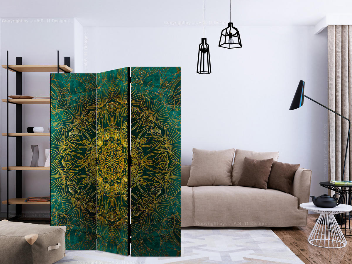 PARAVENT Akustik 3-tlg 135x172 cm Goldene Mandala Abstraktion - Grün, Holz/Textil (135/172/3cm) - Muralo