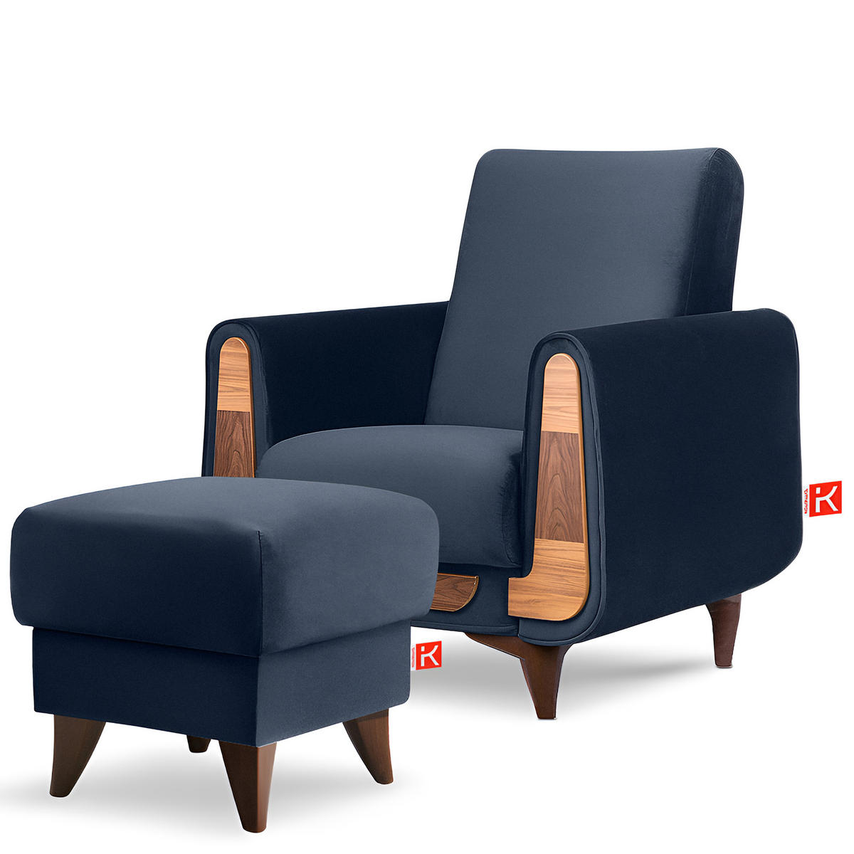 HOCKER GUSTAVO Fußstütze, Velours, Dunkelblau - Dunkelblau, Holz/Holzwerkstoff (53/49/53cm) - KONSIMO®
