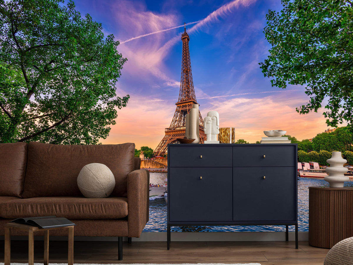 FOTOTAPETE Eiffelturm Paris Architektur 3D 500x350 - Blau/Gelb, Papier (500/350cm) - Muralo