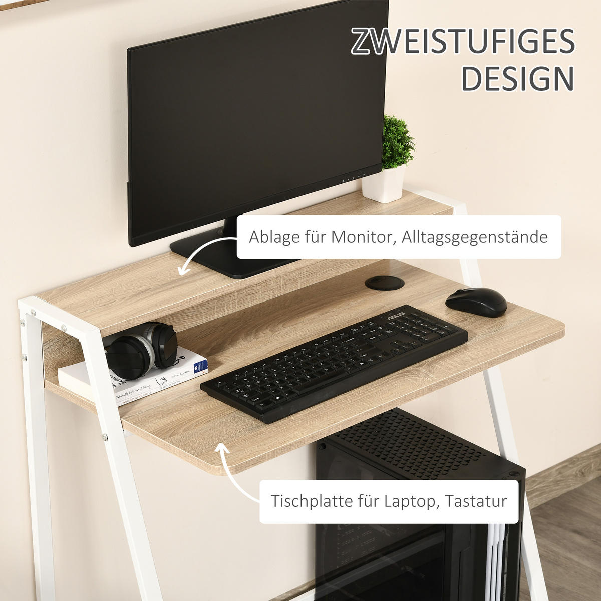 SCHREIBTISCH, MDF, Eisen, Weiß+Eiche - Weiß, Kunststoff (84/45/85cm) - HOMCOM