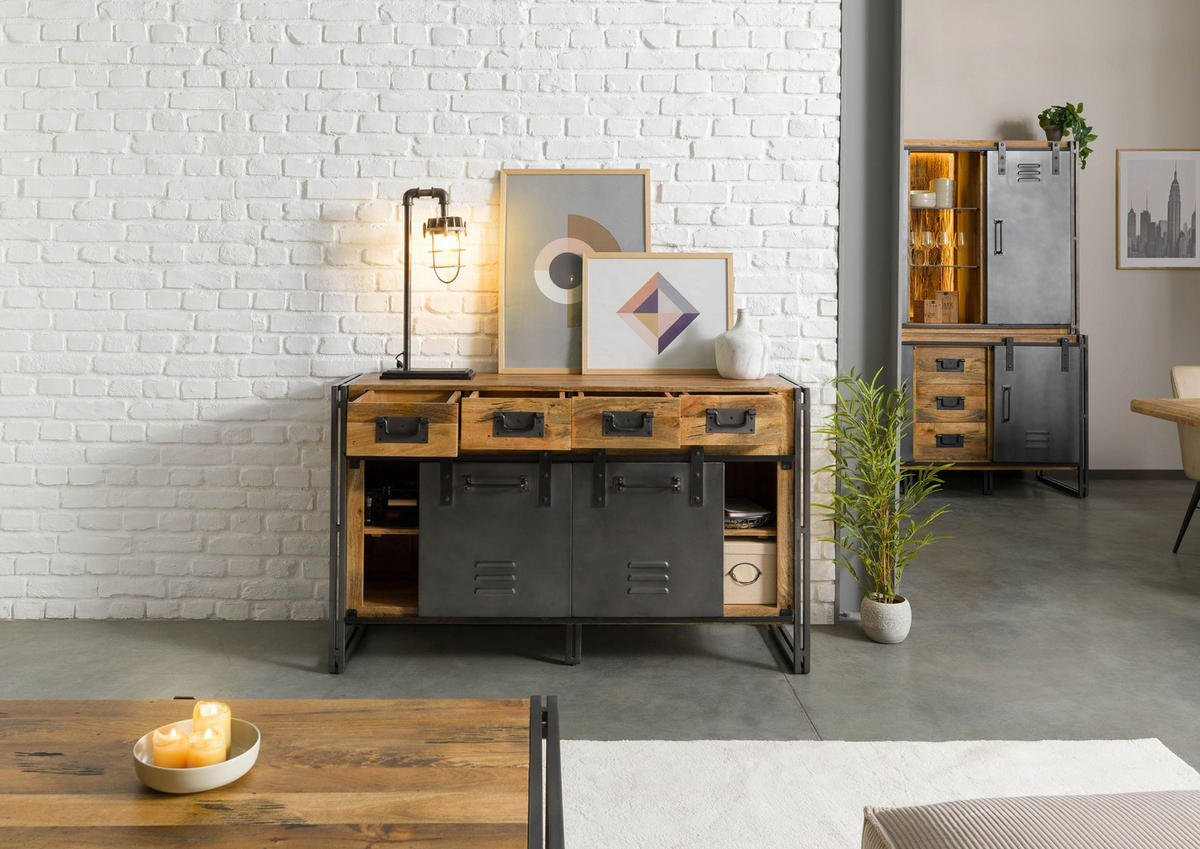 SIDEBOARD Mango / Altholz 150x45x90 natur / grau lackiert / Metall grau BLACKBURN LUX #410 - Braun, Holz (150/90/45cm) - Massivmoebel24