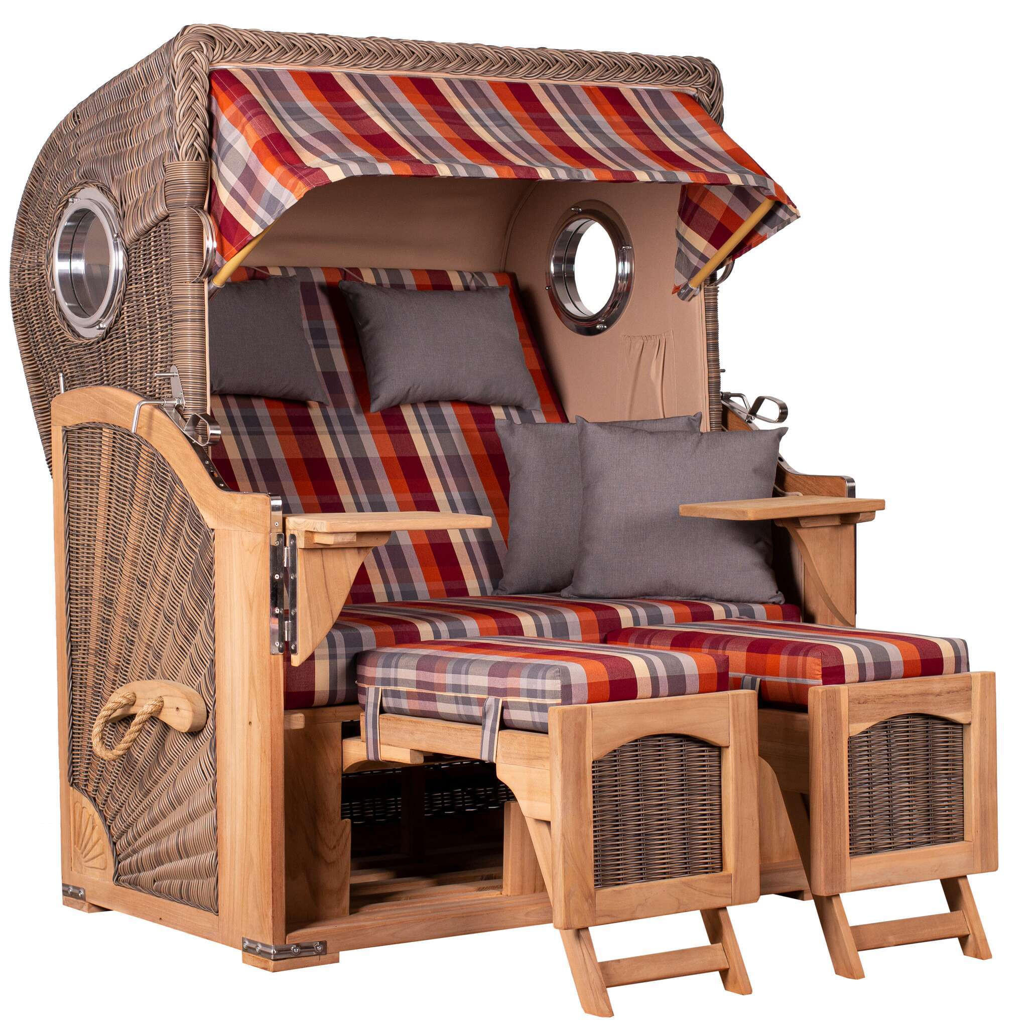 STRANDKORB Düne 2 Sitzer Teak PE Grey - Rot/Multicolor, Holz/Metall (125/170/80cm) - Mr. Deko