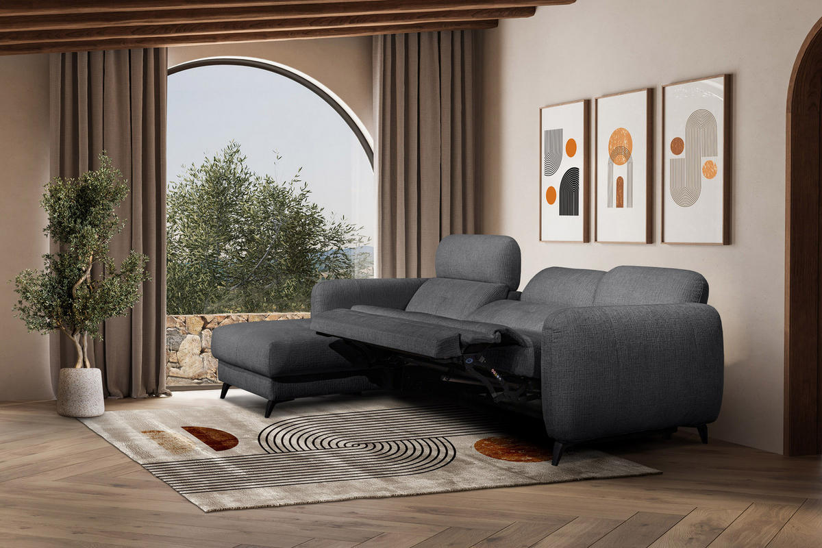 ECKSOFA SVEN 3-Sitzer, 1 Relax XL, verstellbare Kopfstützen, dunkelgrau - Anthrazit/Schwarz, Holzwerkstoff/Textil (256/163cm) - Courtois Laville