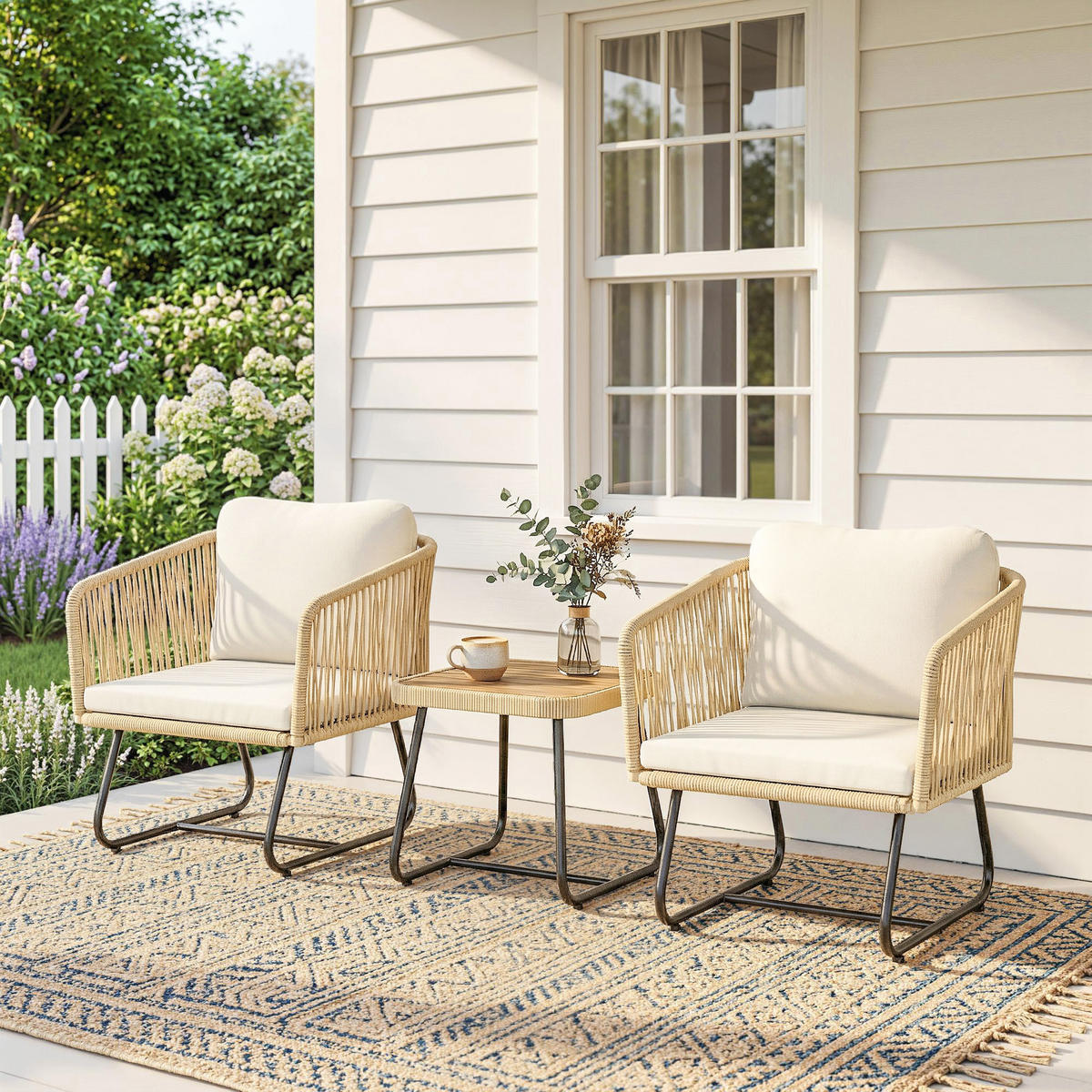 RATTAN-SITZGRUPPE 3er Set PP-Rattan Stahl Cremeweiß - Beige/Creme, Textil/Metall - Outsunny
