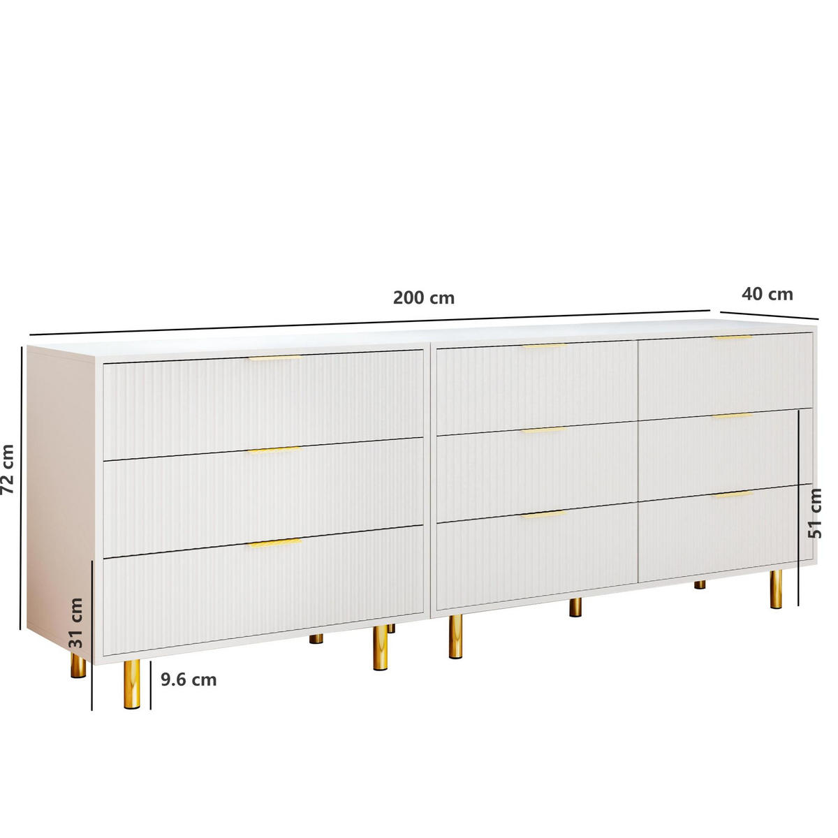SIDEBOARD aus MDF 200x40x72 cm Weiß mit 9 Schubladen, modularer Aufstellung und goldfarbenen Metallbeinen - Weiß, Holzwerkstoff (200/72/40cm) - Modfu