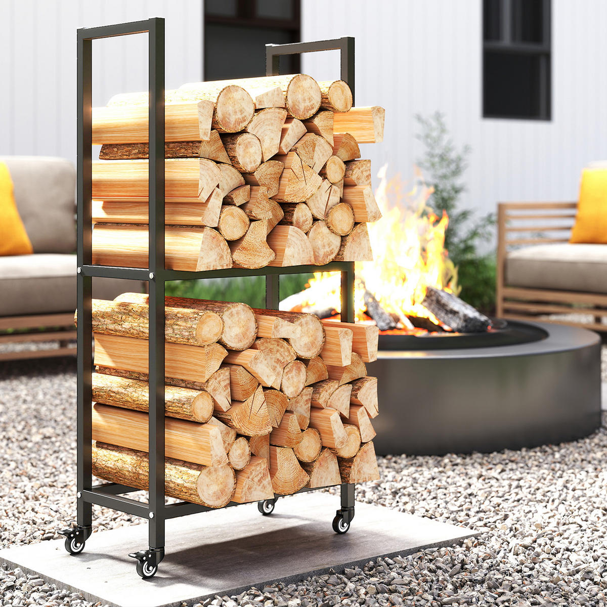 KAMINHOLZREGAL für innen Stahl 60 x 30 x 119cm 2 Ebenen Brennholzregal mit Rolle - Schwarz, Metall (30/119/60cm) - Outsunny