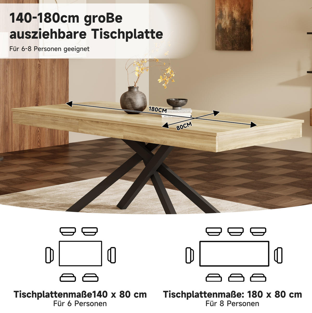 RAZVLAČNI blagovaonski stol 140–180/80 cm za 6–8 osoba, MDF ploča i križne metalne noge, Hrast - boje hrasta, drvni materijal (180/80/76cm) - Redom