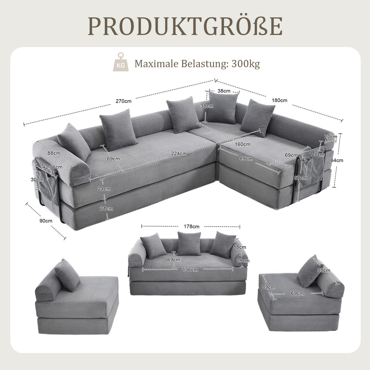 SCHLAFSOFA 270/180/64 cm Dunkelgrau mit Integrierte Seitentaschen - Dunkelgrau, Textil (270/64/180cm) - Oxeza