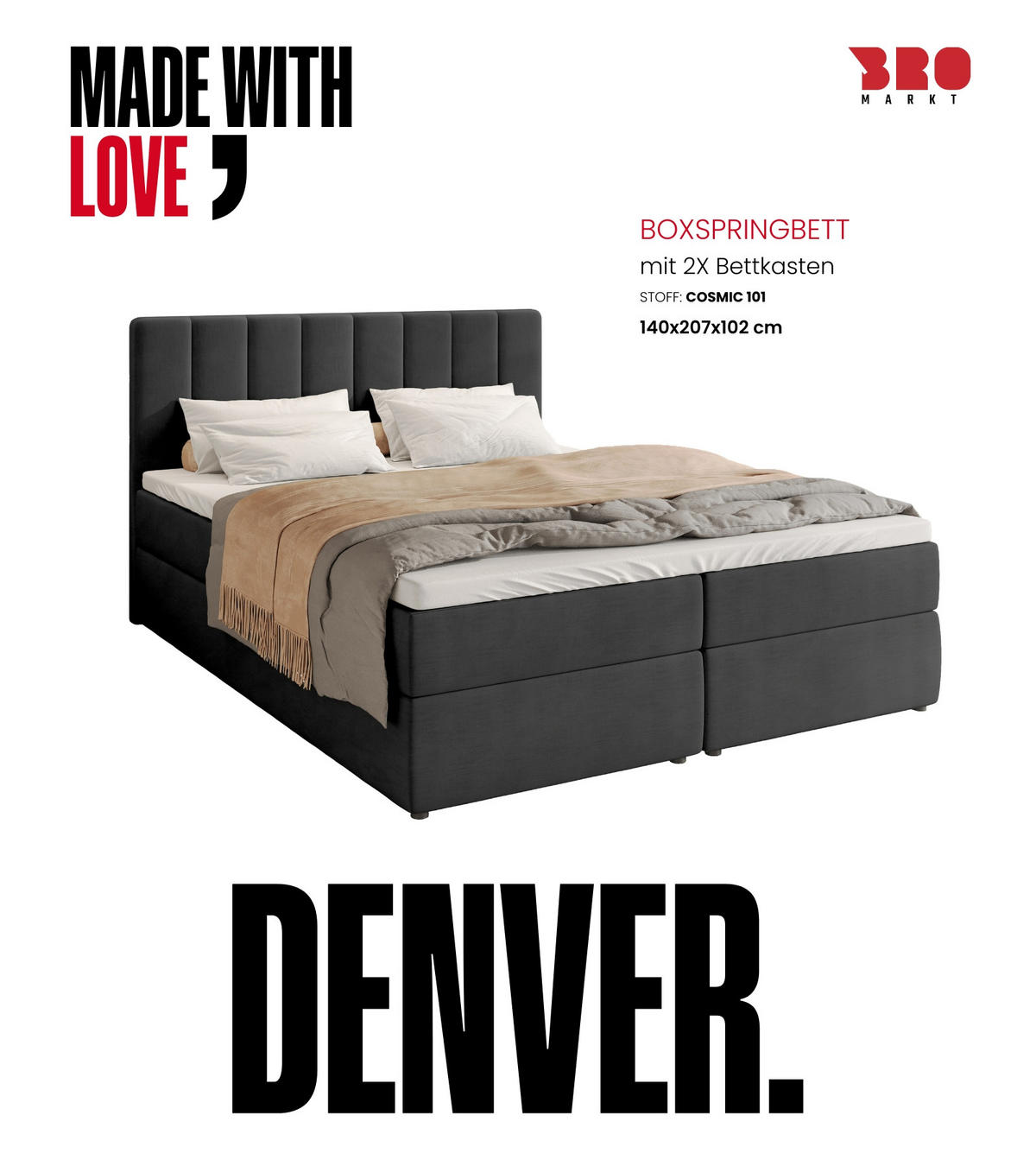 BOXBETT Denver mit Topper 140/200 Anthrazit - Anthrazit, Holzwerkstoff/Textil (140/200cm) - Bromarkt