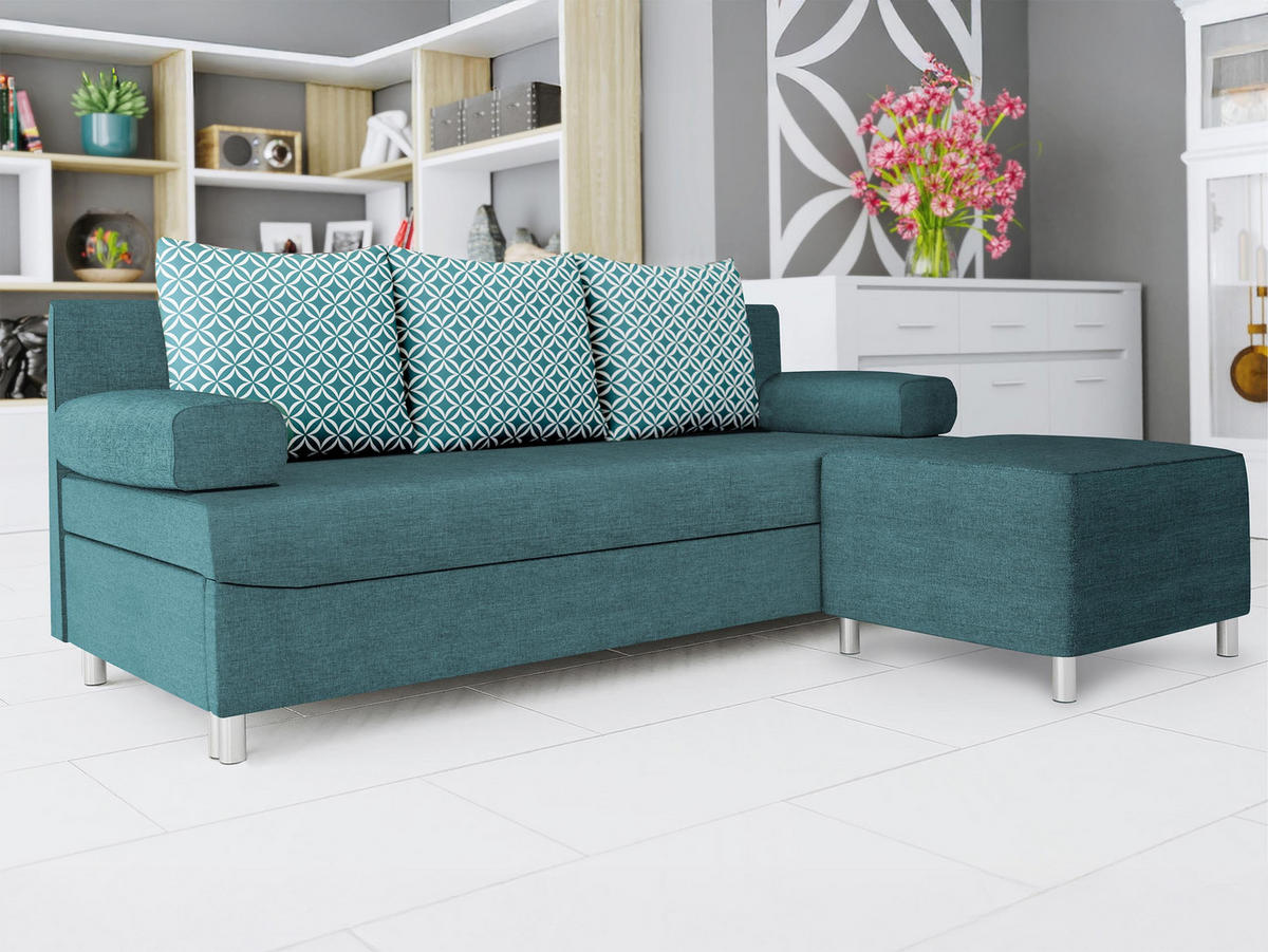 SCHLAFSOFA Dover mit Polsterhocker - Türkis/Chromfarben, Holz/Kunststoff (192/80cm) - MIRJAN24