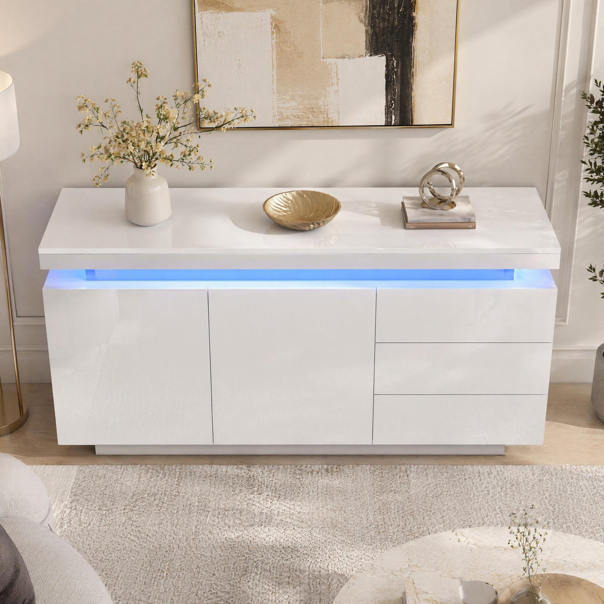 SIDEBOARD Weiß, 140/38/72 cm, aus Spanplatte, mit LED-Beleuchtung und 3 Schubladen - Weiß, Holzwerkstoff (140/72.5/35cm) - CHICFURN
