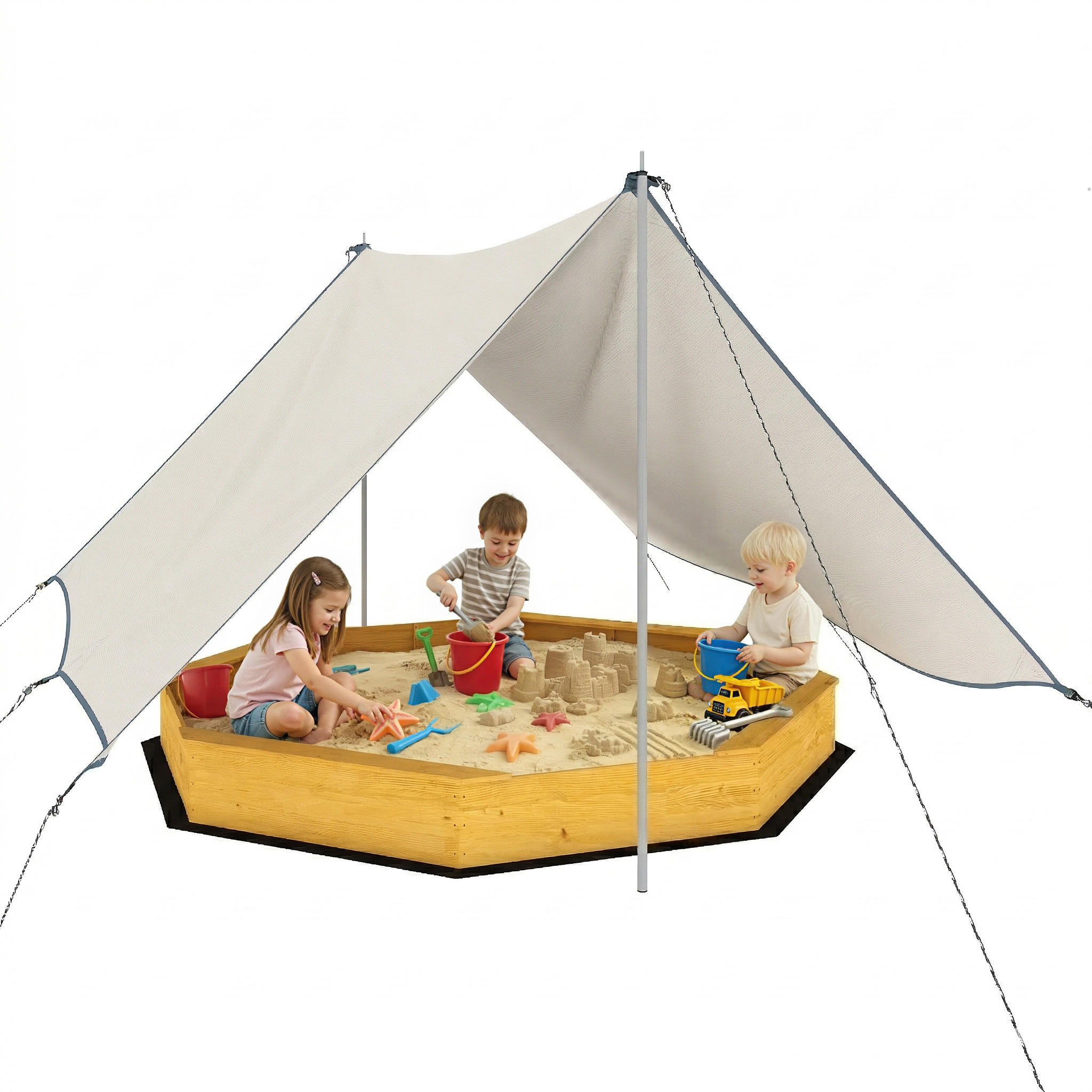 SANDKASTEN DE-18759 achteckig mit Sonnensegel & 4 Bänken Gelb - Gelb, Holzwerkstoff (214.5/214.5/22.5cm) - ComfortXL