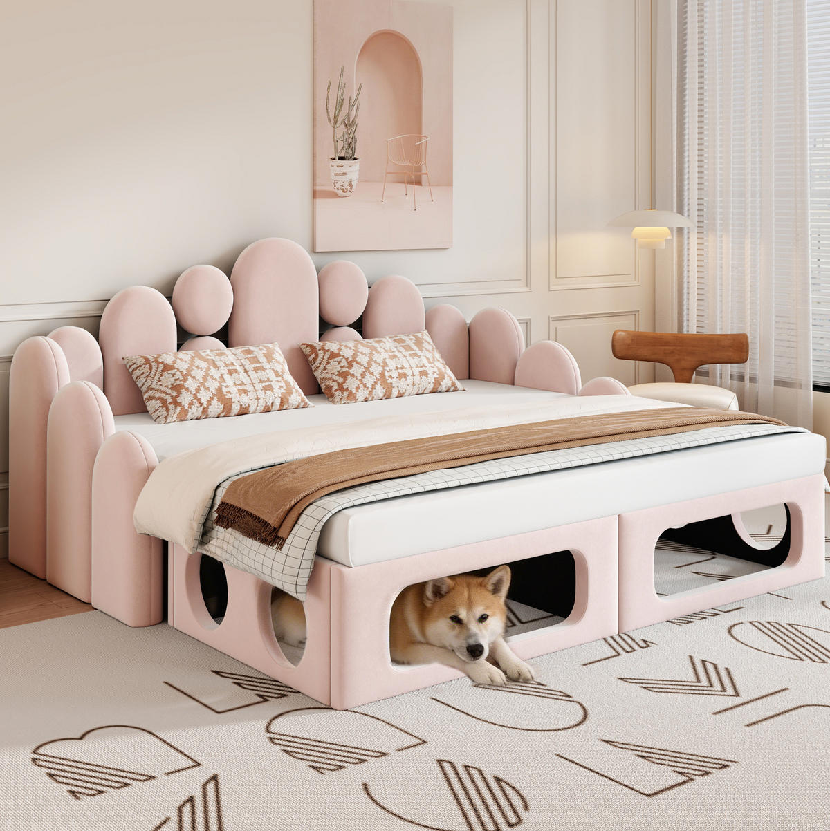 POLSTERBETT 180/200 cm Rosa aus Samt mit Haustierbett-Funktion - Rosa, Holzwerkstoff (180/200cm) - OKWISH