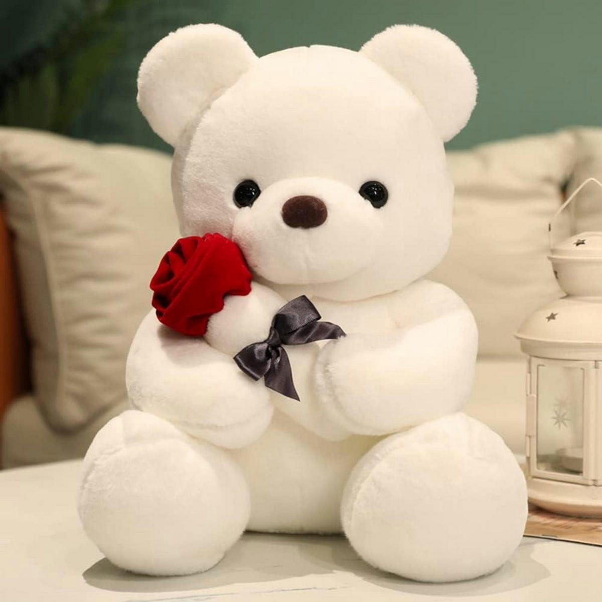 PLÜSCH-BÄR mit Rose 23 cm - Weiß, Textil (5/10cm)