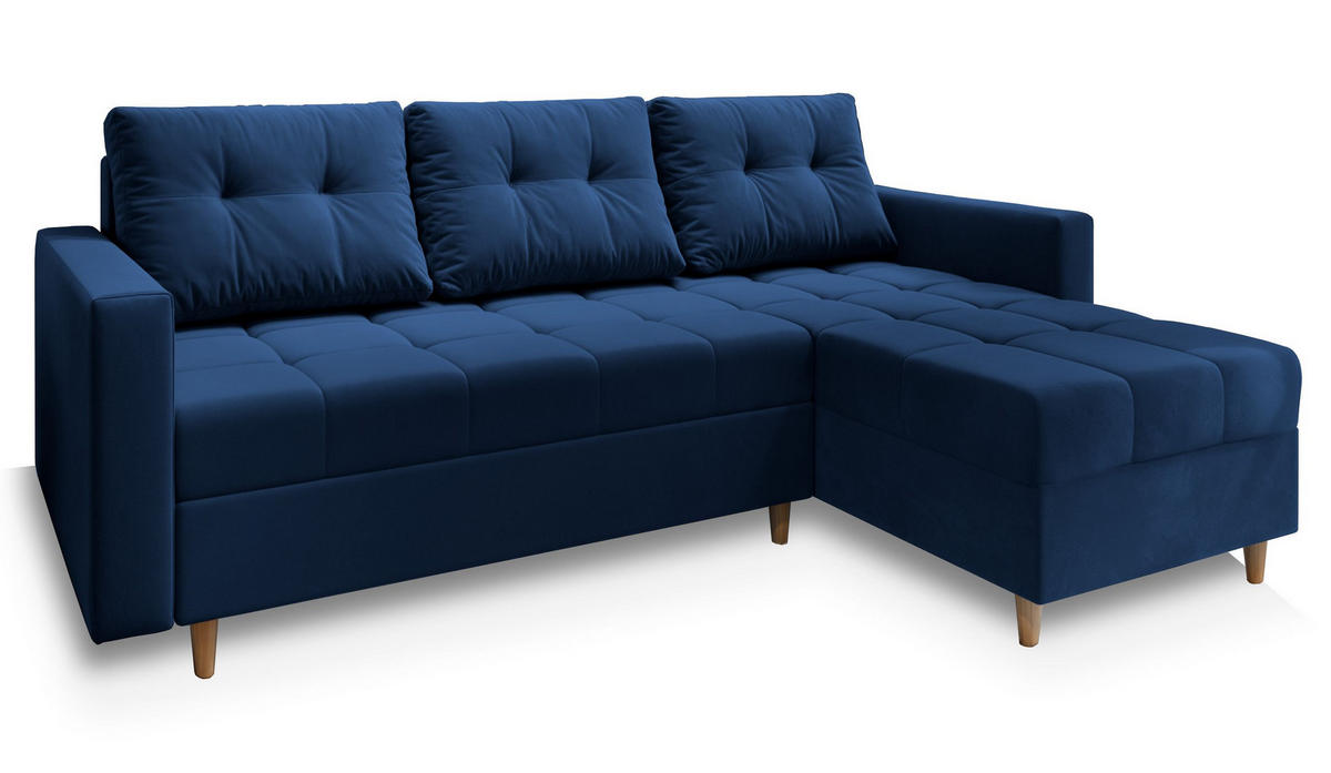 ECKSOFA MILO L Blau Plüsch-Stoff mit Schlaffunktion - Blau, Holz (220/140cm) - MASSENO