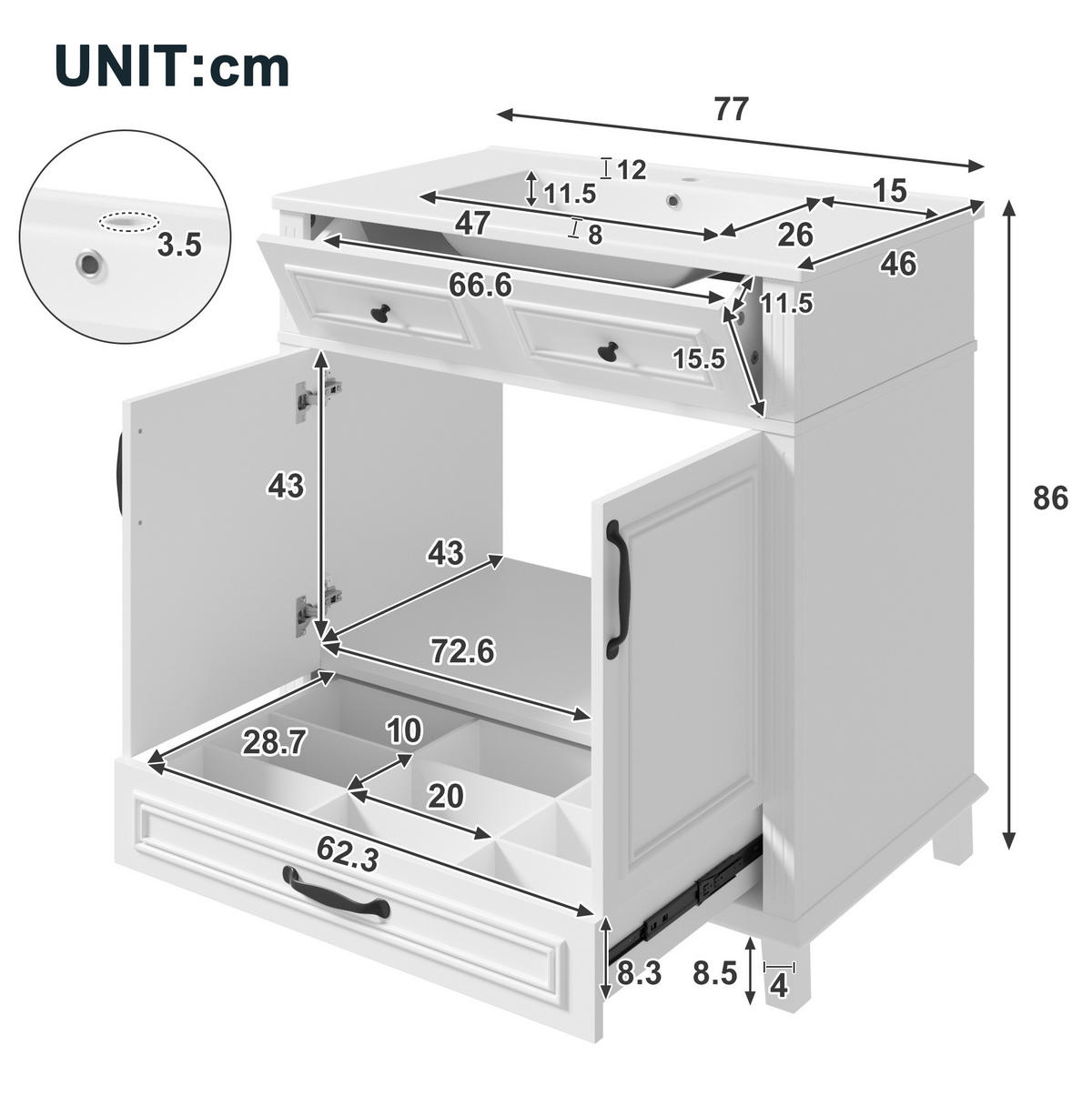 WASCHTISCH aus MDF und Keramik 77x46x86 cm Weiß mit integriertem Keramikbecken, Soft-Close und Stauraum - Weiß, Keramik (77/86/46cm) - Modfu