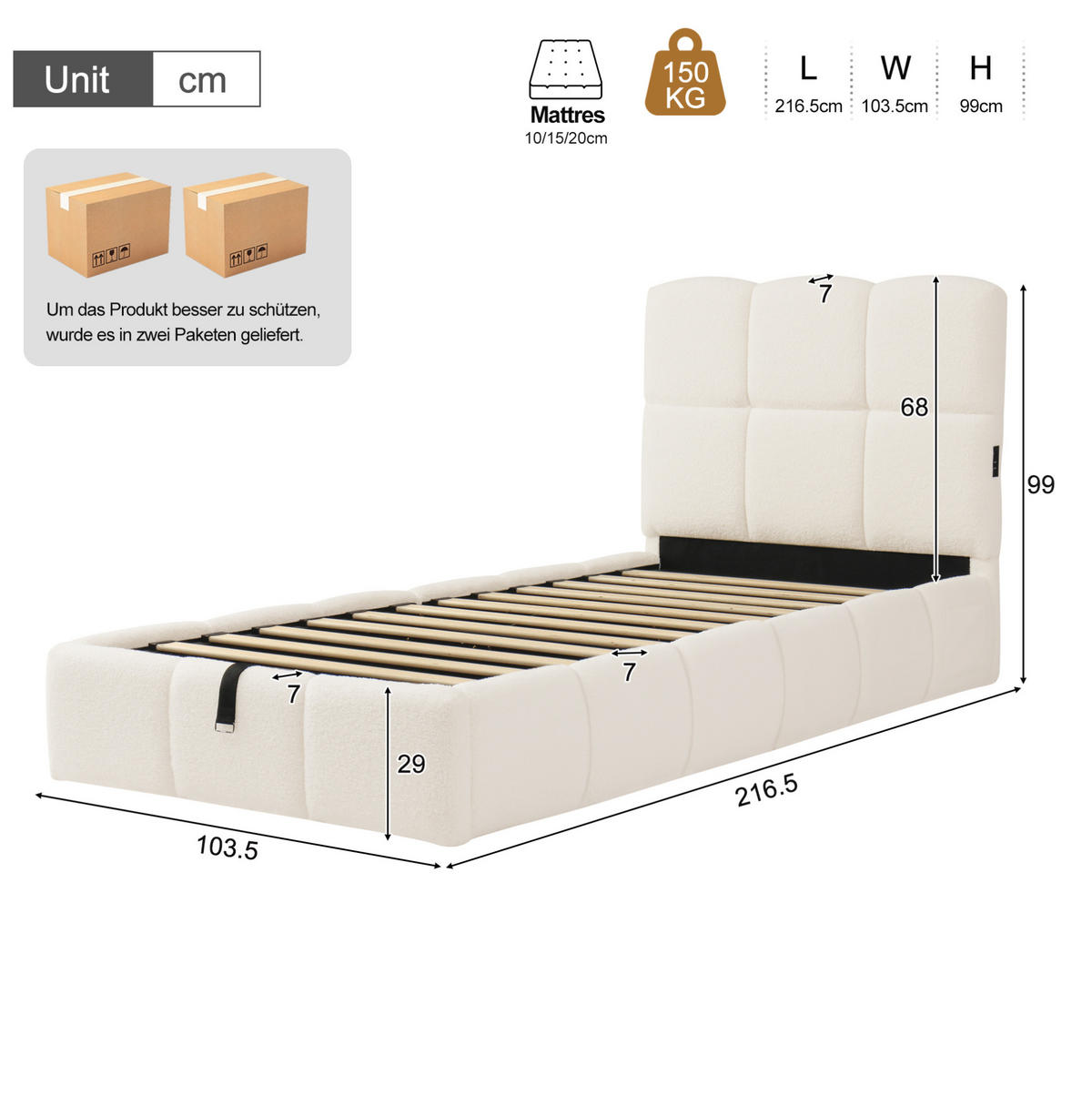 BETT mit Stauraum und USB 90x200 cm Bouclé Beige - Beige, Metall (90/200cm) - Meubliv