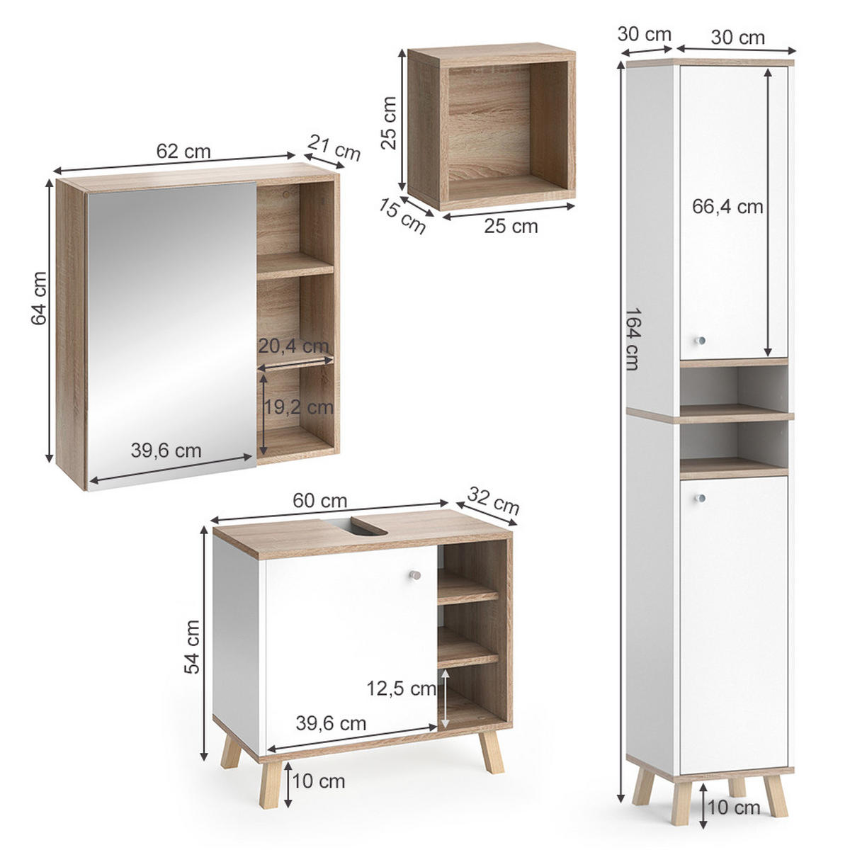 BADMÖBEL-SET Senyo Weiß 4 Teile, mit Hochschrank - Weiß/Sonoma Eiche, Holzwerkstoff (62/54/32cm) - Vicco