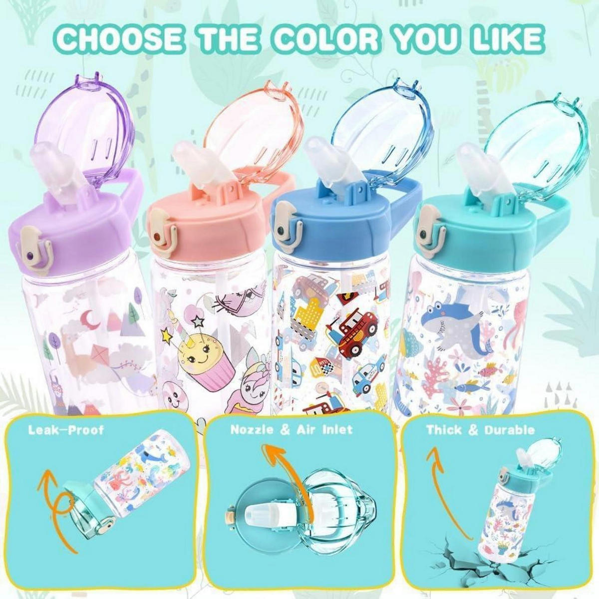 KINDER-TRINKFLASCHE mit Strohhalm 500 ml Cyan Meerestier - Multicolor, Kunststoff (19/19cm)