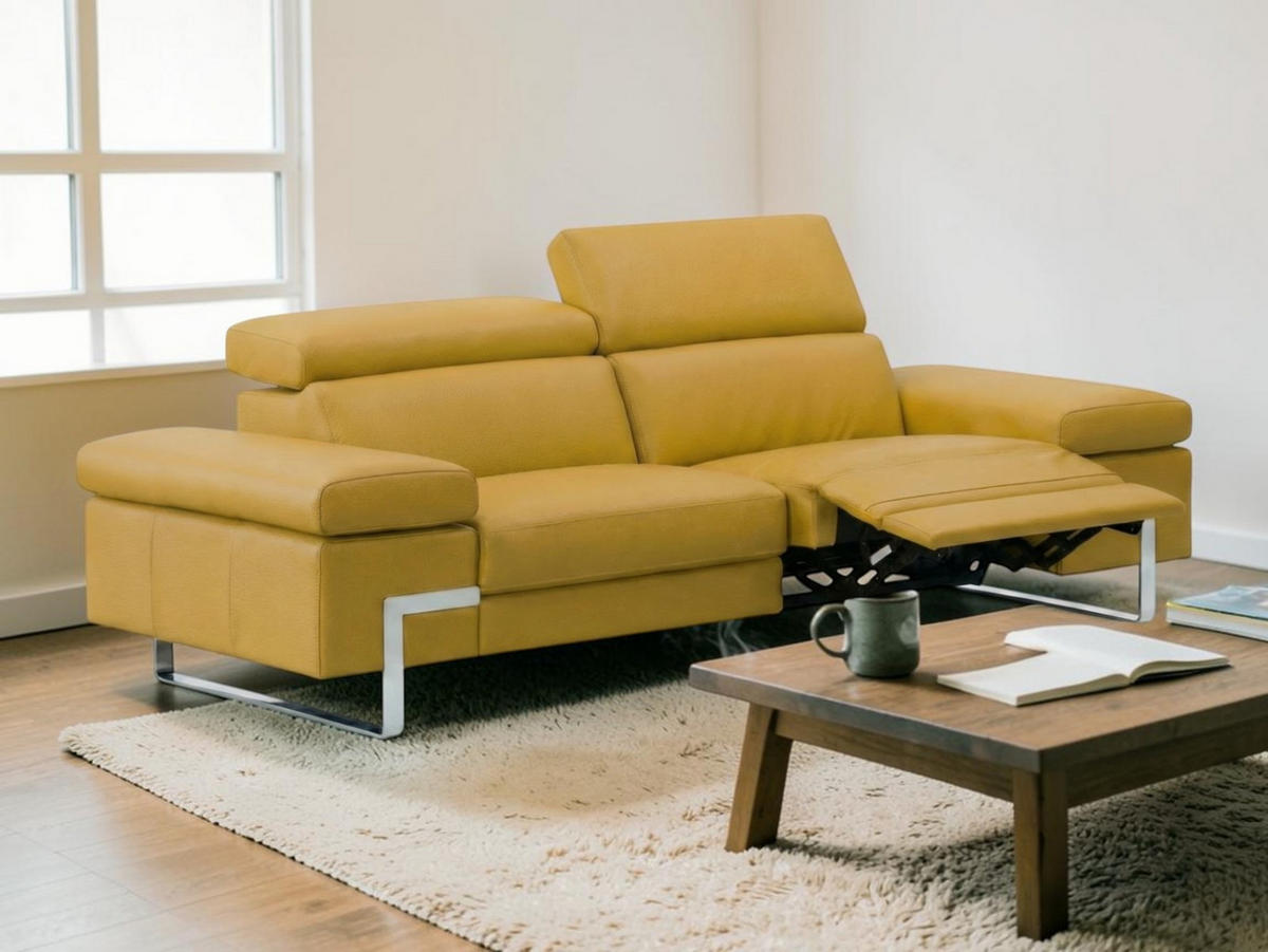 3-SITZER Sofa Opera Echtleder mit 1 x Relaxfunktion Senfgelb - Gelb, Leder/Metall (223/75/109cm)