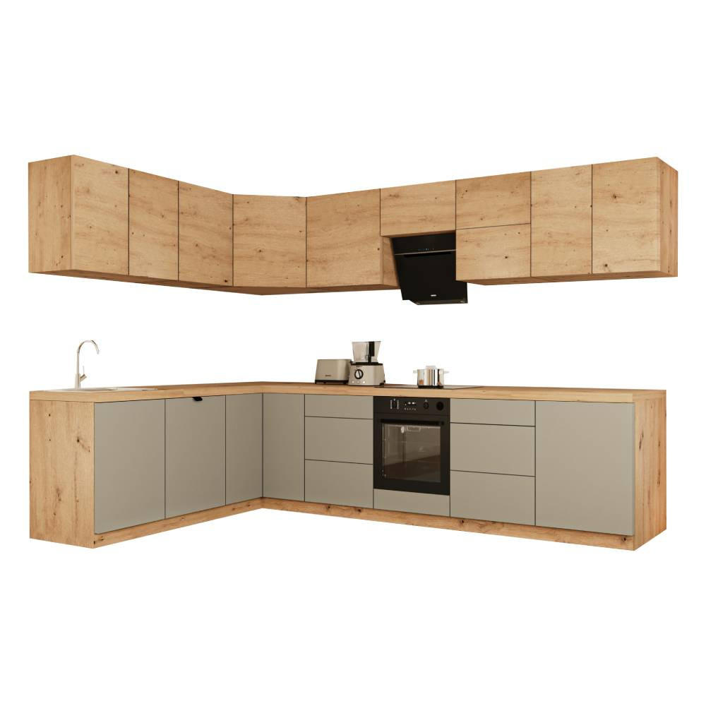 WINKELKÜCHE 320cm x 200cm- Langen KL15-M320 - in Beige / Artisan Eiche - Beige/Eiche Artisan, Holz (520/212/52cm)