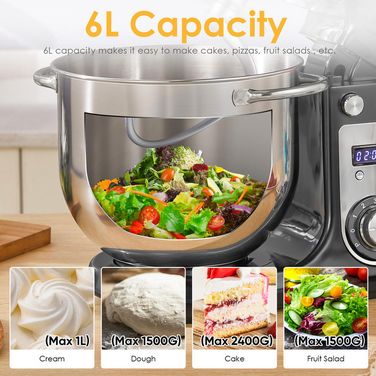 KÜCHEN-STANDMIXER – 1200 W DC, 6 Geschwindigkeiten, 6 L Edelstahlschüssel, mit Schneebesen und Knethaken - Schwarz, Metall (17/31/28cm) - Coonoor
