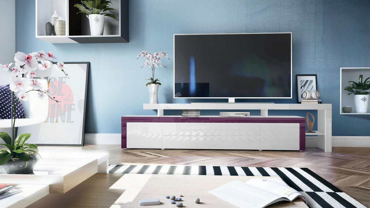 LOWBOARD Leon Weiß Hochglanz / Brombeer Hochglanz - Weiß Hochglanz/Brombeere, Holzwerkstoff (227/52/35cm) - Vladon