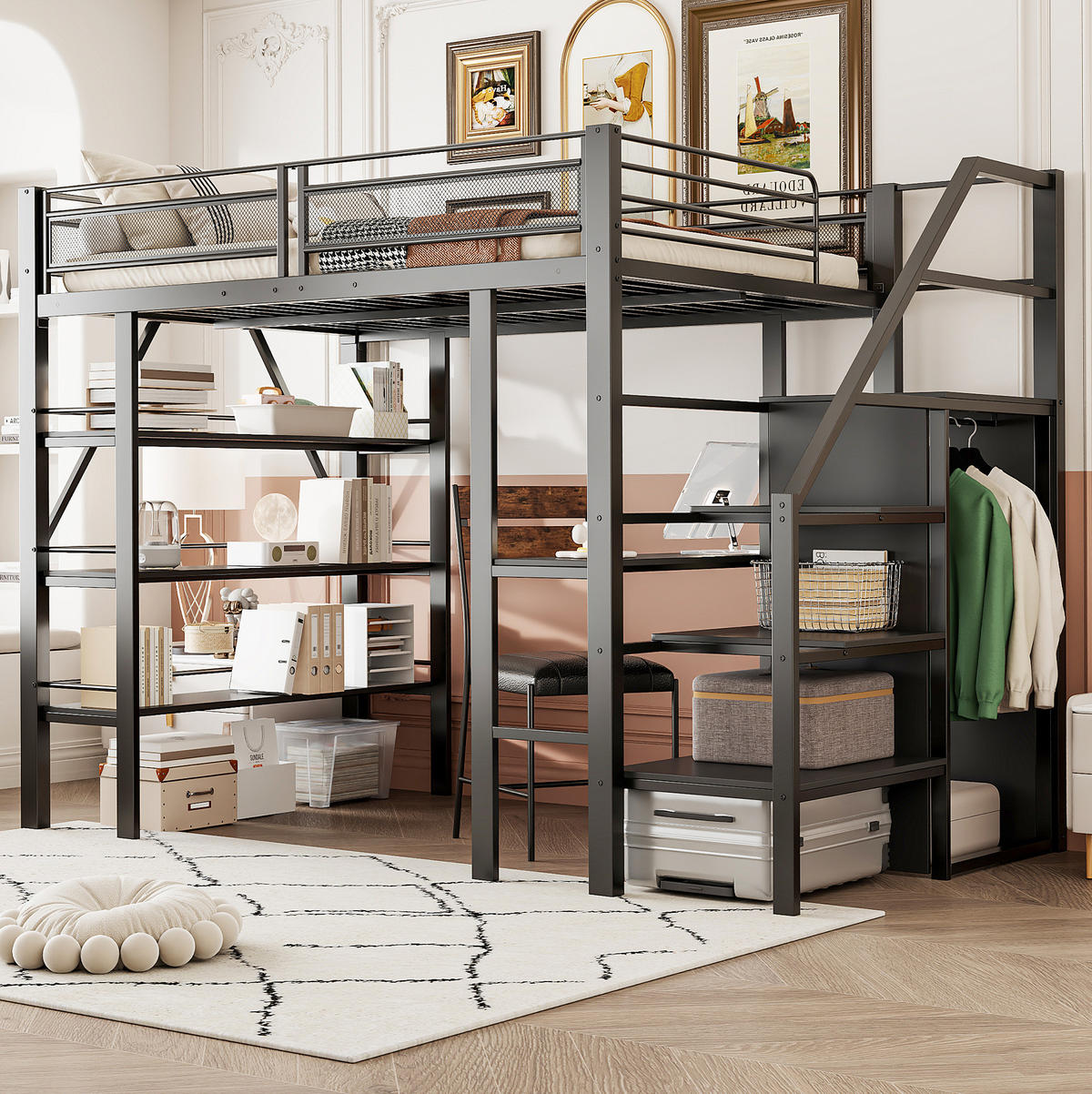 HOCHBETT 140/200 cm mit Schreibtisch, Regal, Kleiderschrank und Sicherheitstreppe, Metall, Schwarz - Schwarz, Metall (140/200cm) - Redom