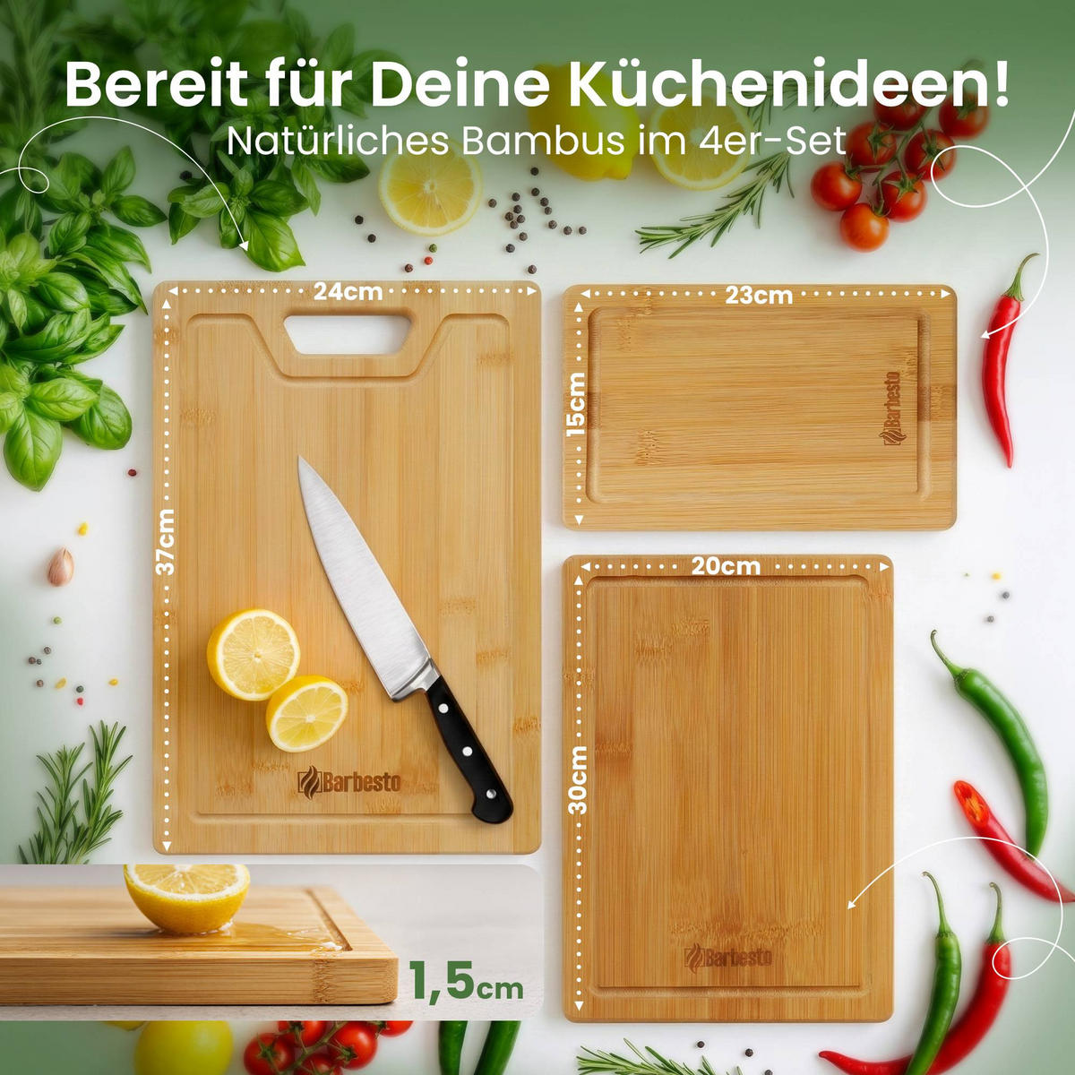 SCHNEIDEBRETT 4er Set Holz Natura - Eukalyptusholzfarben, Holz (15/23cm) - CLP