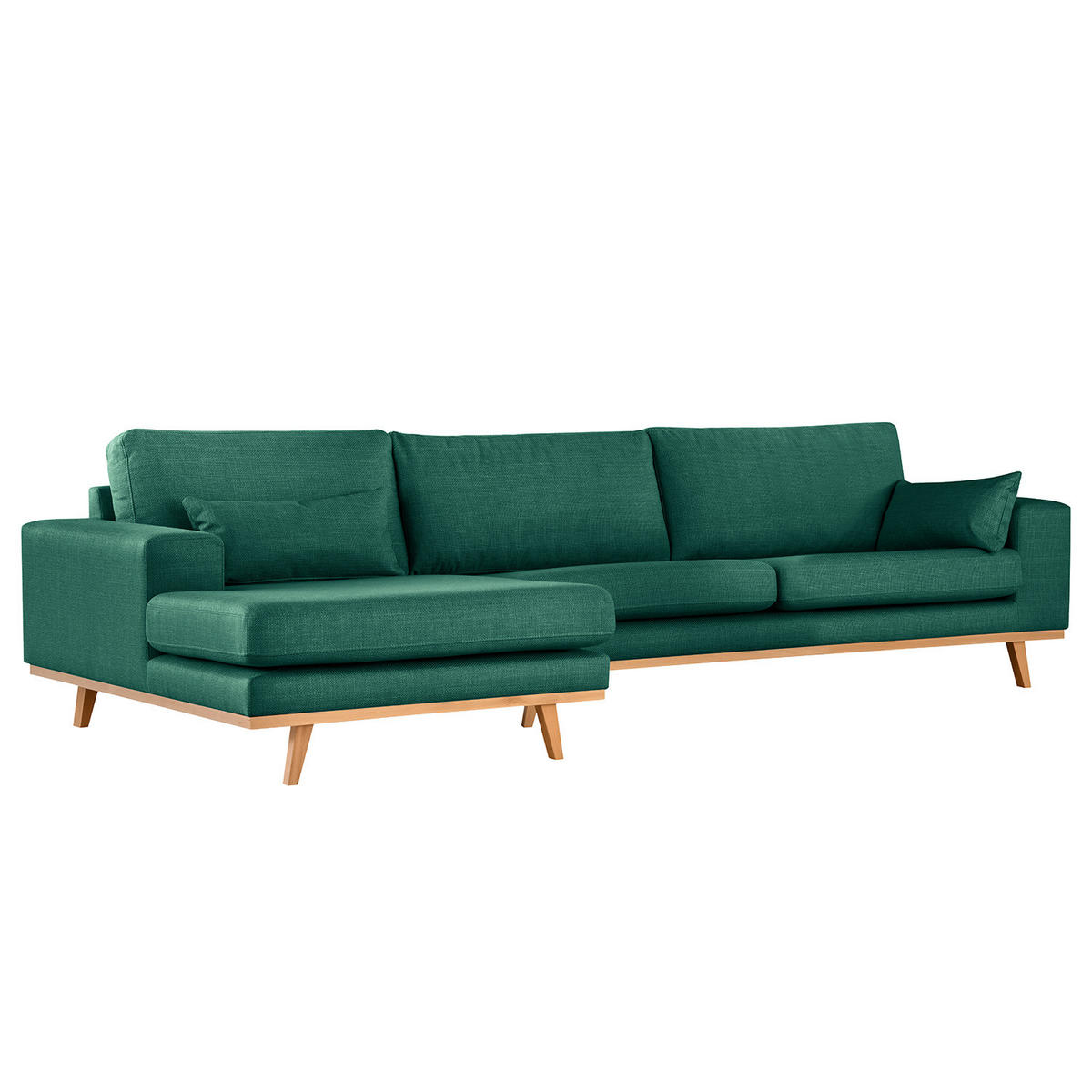 ECKSOFA mit Longchair - Dunkelgrün/Buchefarben, Buchenholz/Textil (281/153cm) - home24