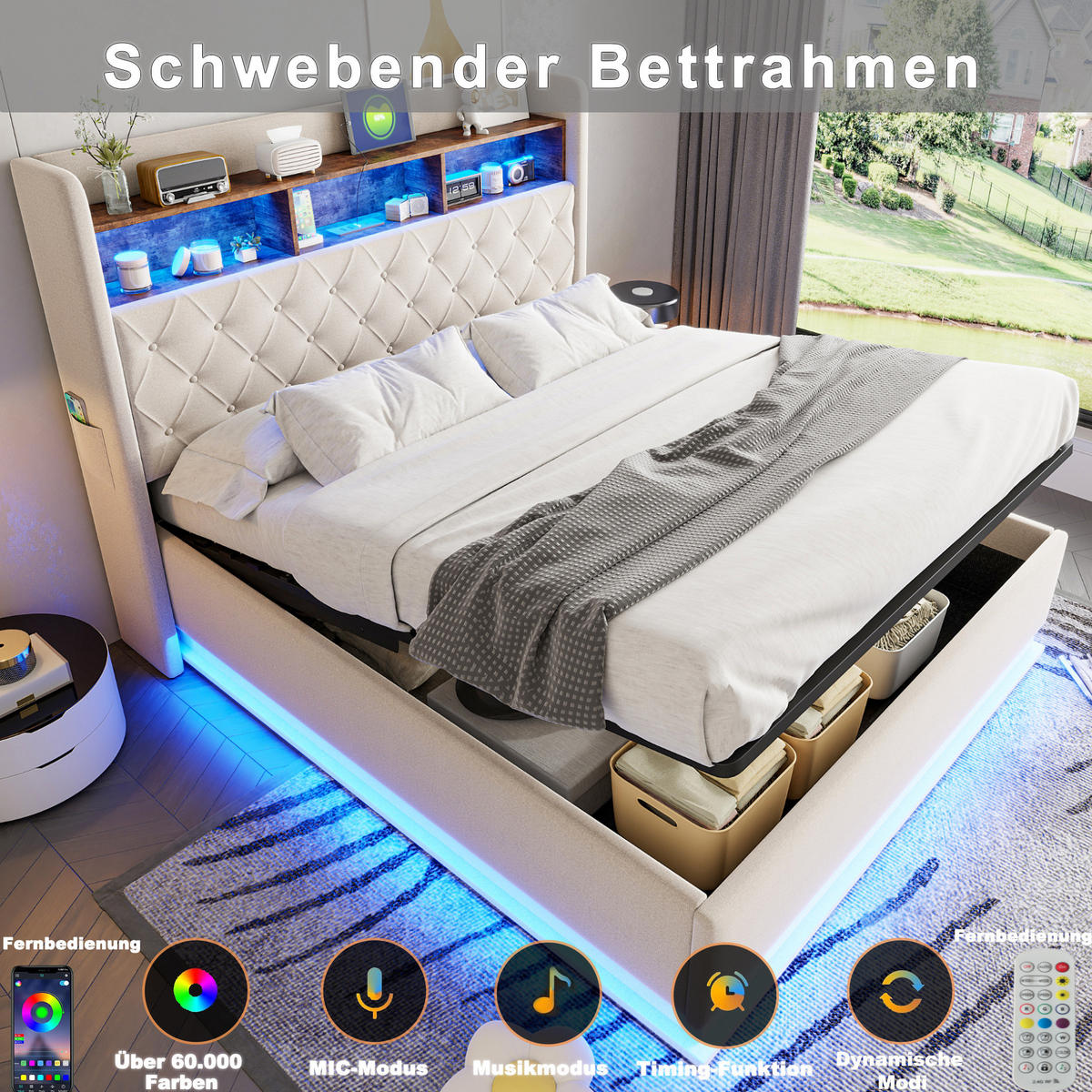 POLSTERBETT mit LED, USB und Stauraum 180x200 cm Beige - Beige, Metall (180/200cm) - Meubliv
