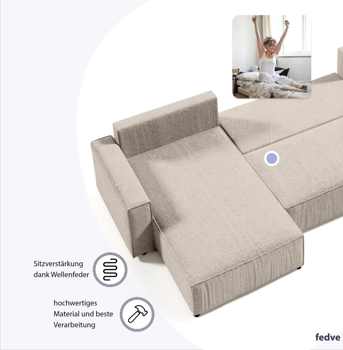 WOHNLANDSCHAFT Sekwana U Beige - Beige, Naturmaterialien (185/70/398cm) - Fedve