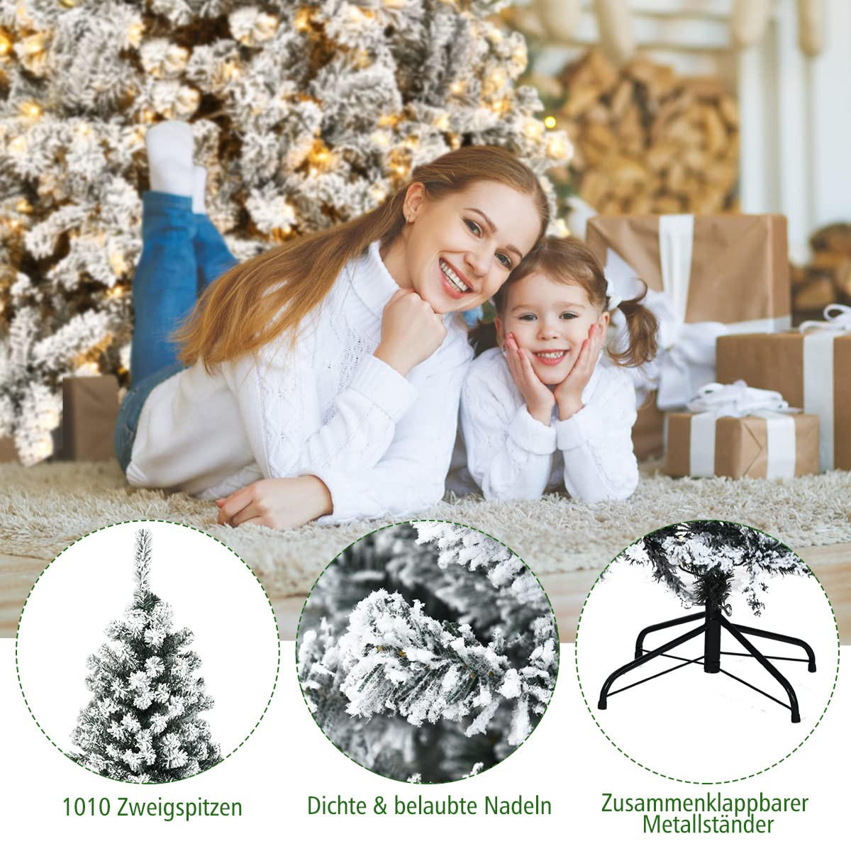 WEIHNACHTSBAUM mit Schnee und warmweissen LED-Lichtern 225cm Weiß - Weiß, Metall (225cm) - COSTWAY