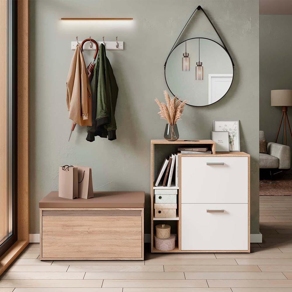 SCHUHKIPPER Orlando Sonoma 2 Teile, mit Sitzbank - Weiß/Sonoma Eiche, Holzwerkstoff (80/90/39cm) - Vicco